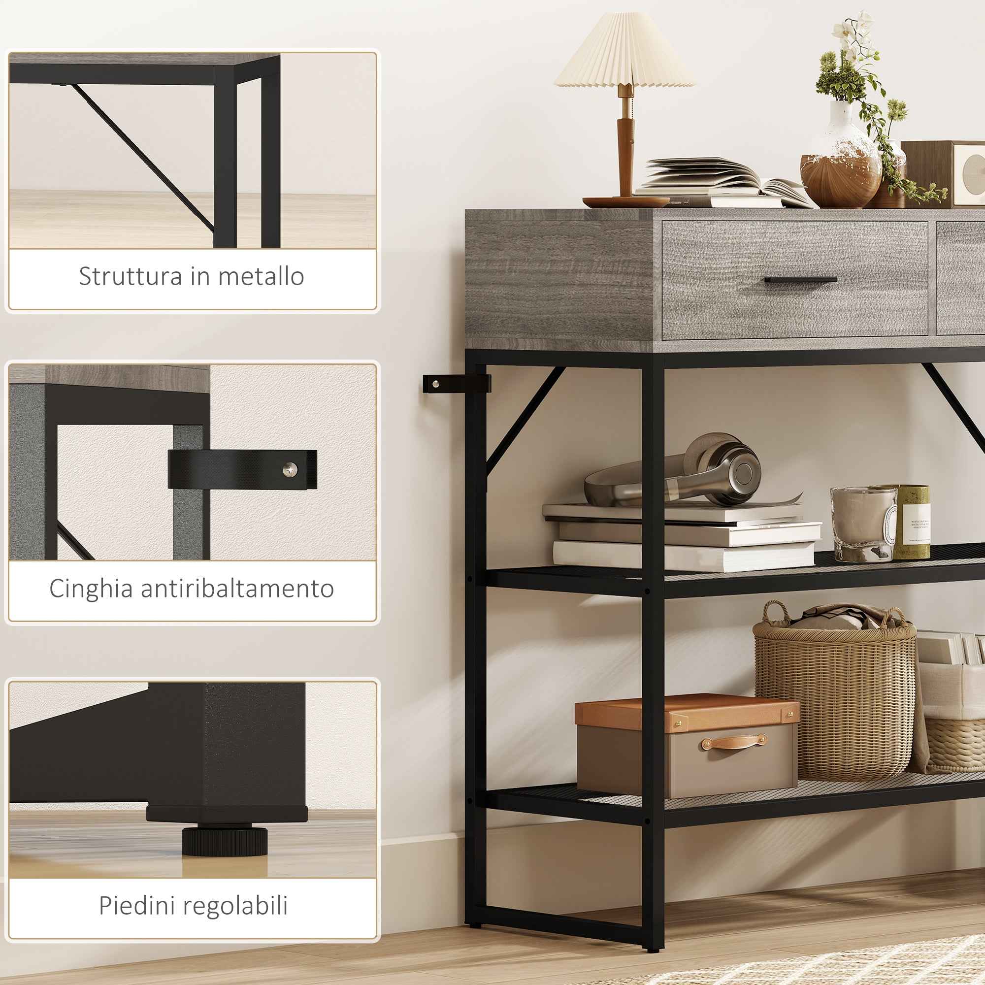 HOMCOM Entrance Console Table with 2 Drawers, 2 Shelves and Side Hook, in Wood and Metal, 100x35x92 cm, Black and Wood