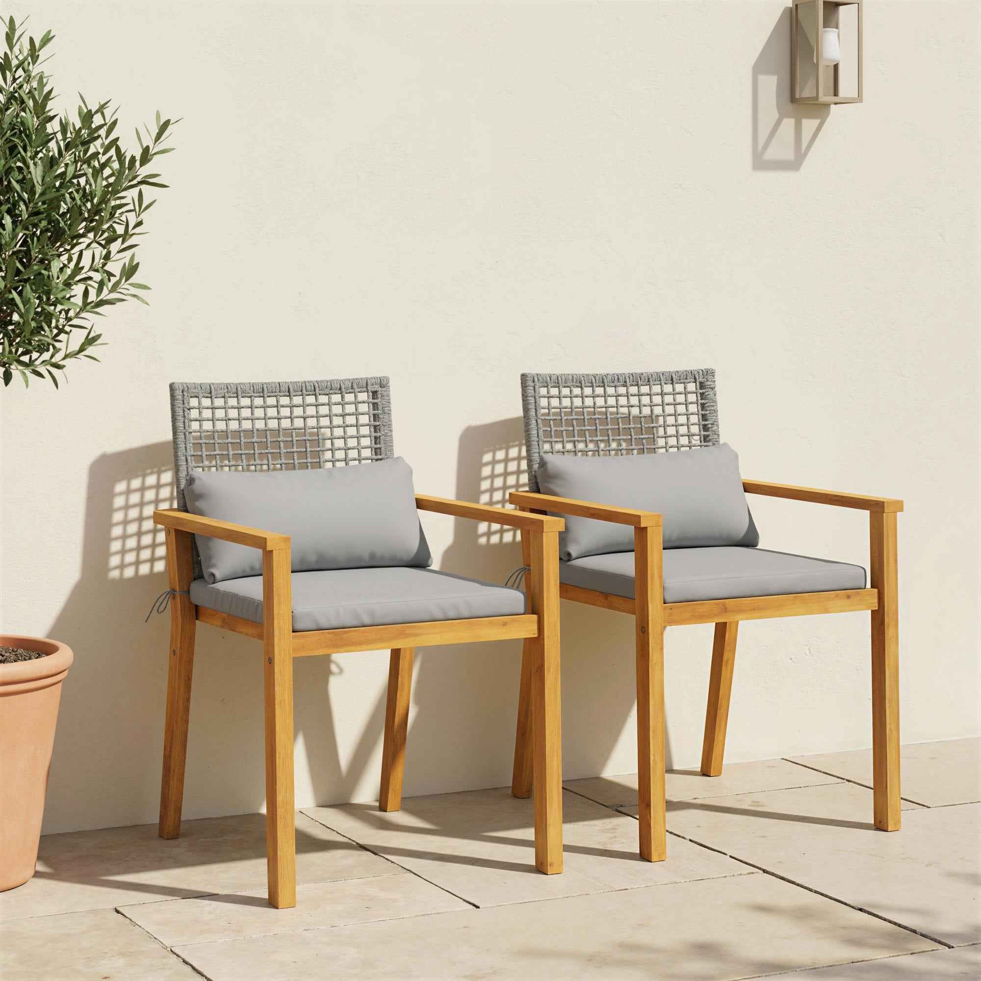 Outsunny Set of 2 Acacia Wood Garden Chairs with Cushions, Natural Wood