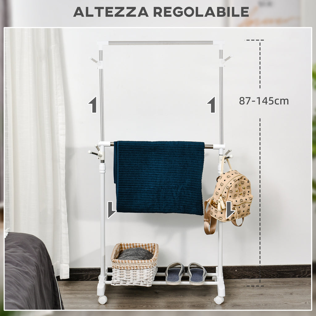 Adjustable Height Clothes Rail with Storage Base and 4 Wheels, 68.5x42x87-145 cm