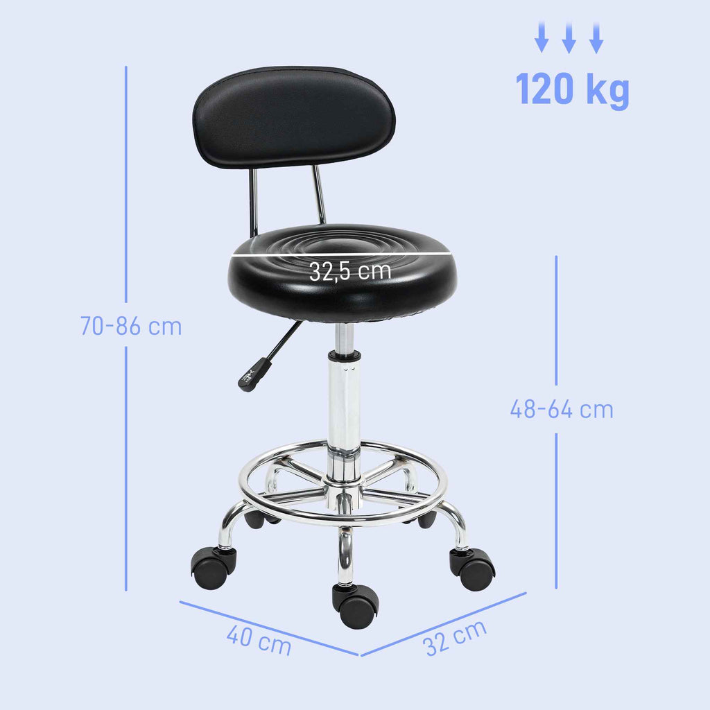 HOMCOM Adjustable 360° Swivel Stool with Backrest, Wheels and Footrest, in Steel, Faux Leather and Foam, Black
