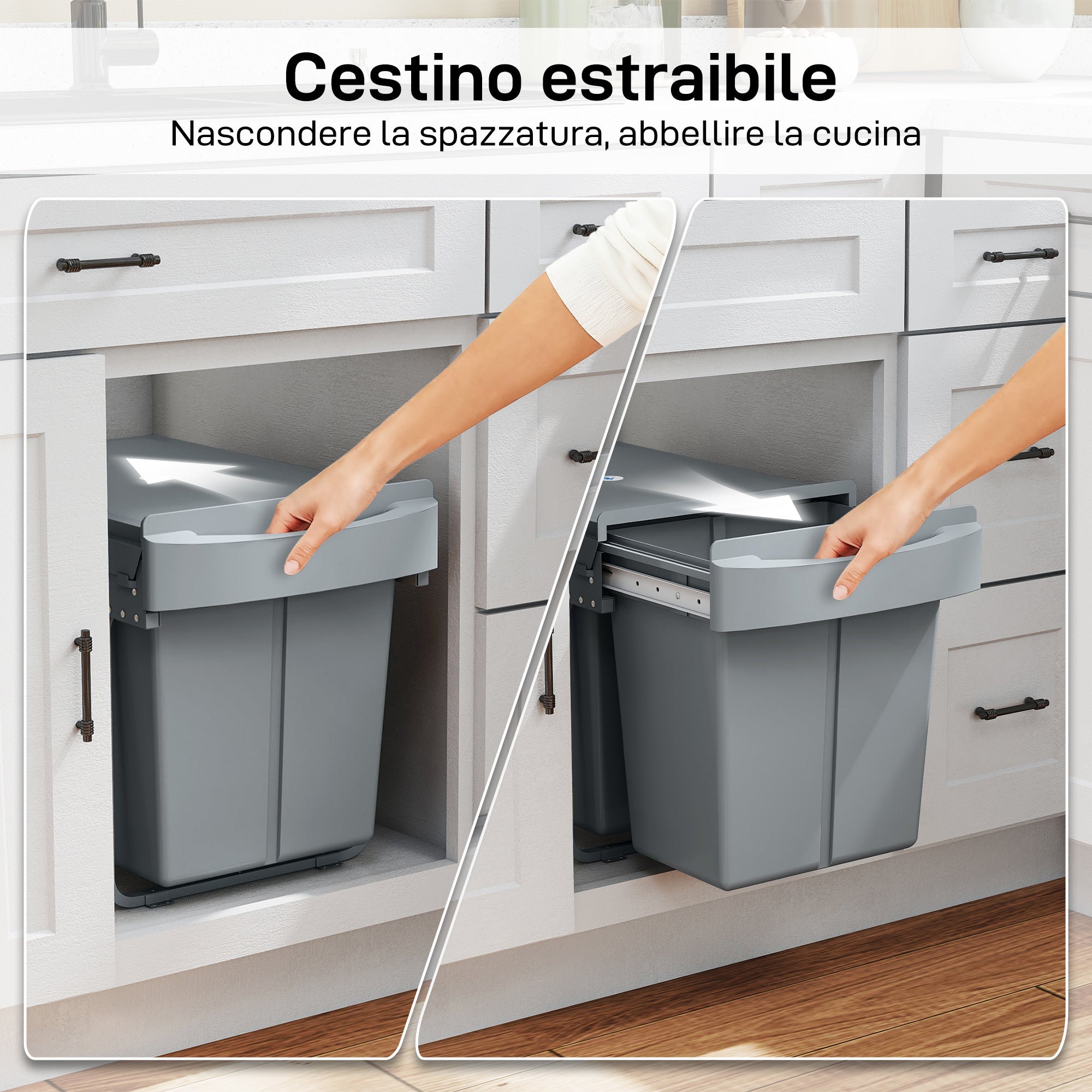 Pull-Out Under-Sink Waste Bin with Two 20L Buckets, 52 x 33.5 x 41 cm, Grey