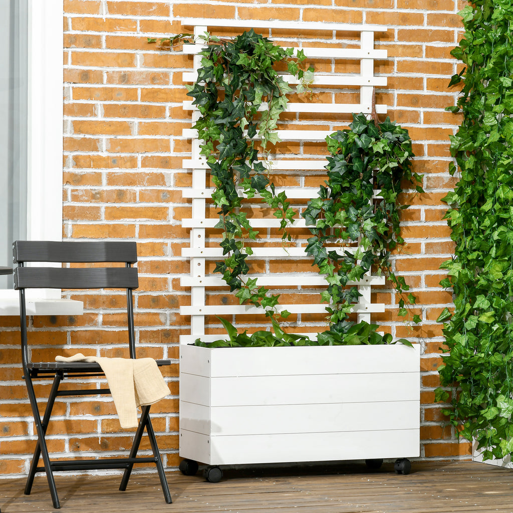 Vertical Planter with 4 Wheels and Wooden Trellis for Climbing Plants, 76x30x155cm, White