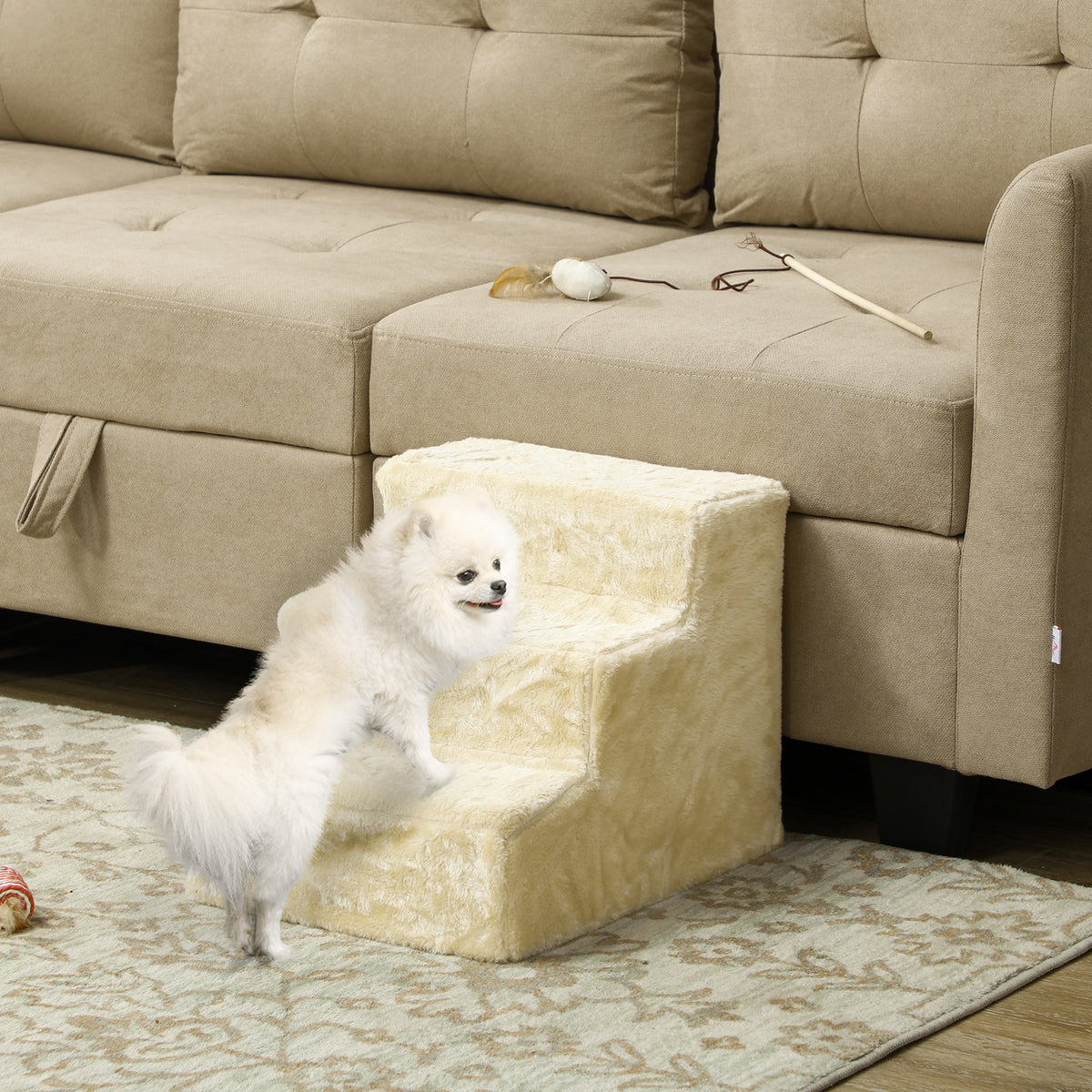 PawHut 3-Step Dog Ladder, Removable and Washable Velvet Step for Dogs and Cats, 4.5 kg, Beige