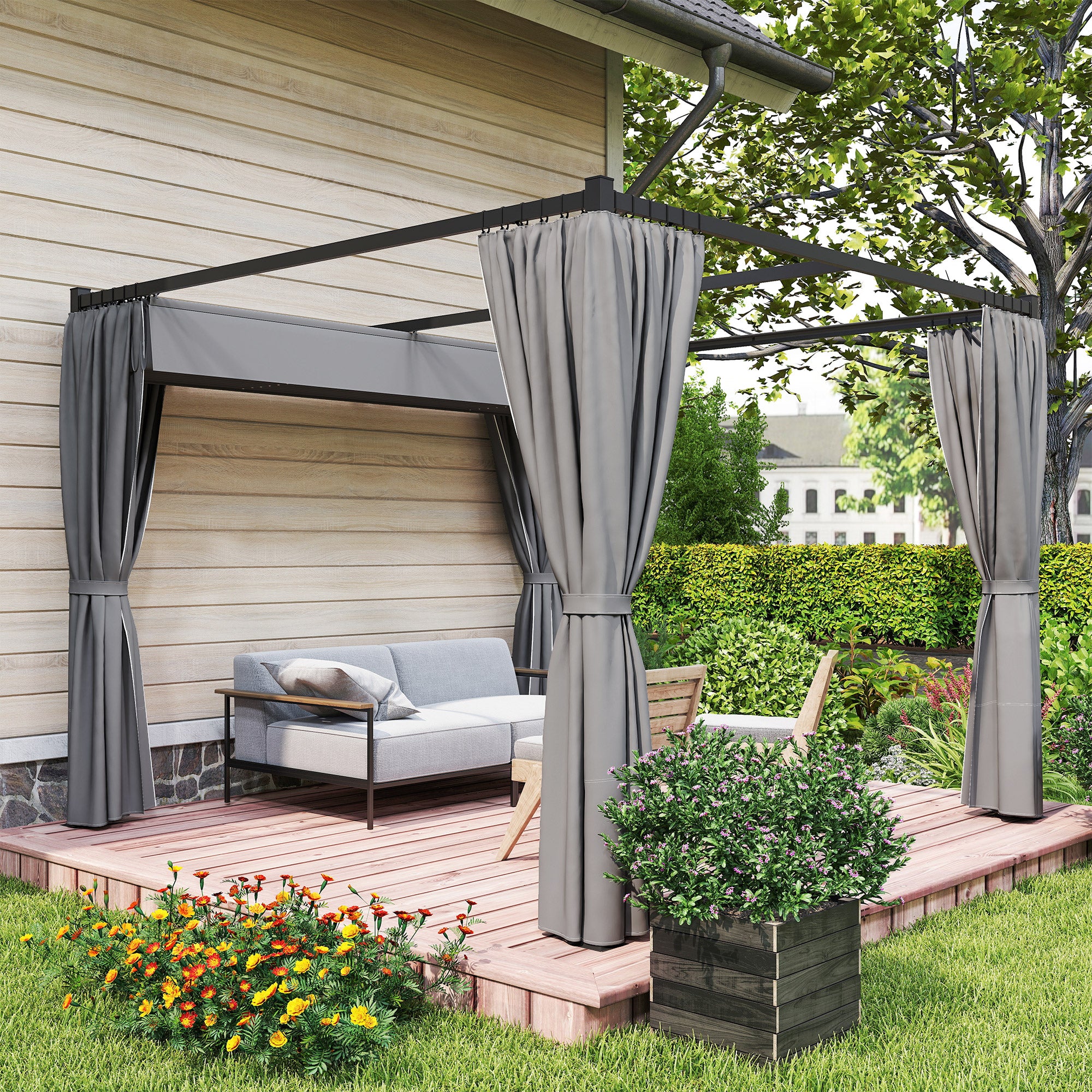 Outsunny Garden Pergola with Retractable Roof and Awnings, Metal and Polyester, 300x300x227 cm, Light Grey
