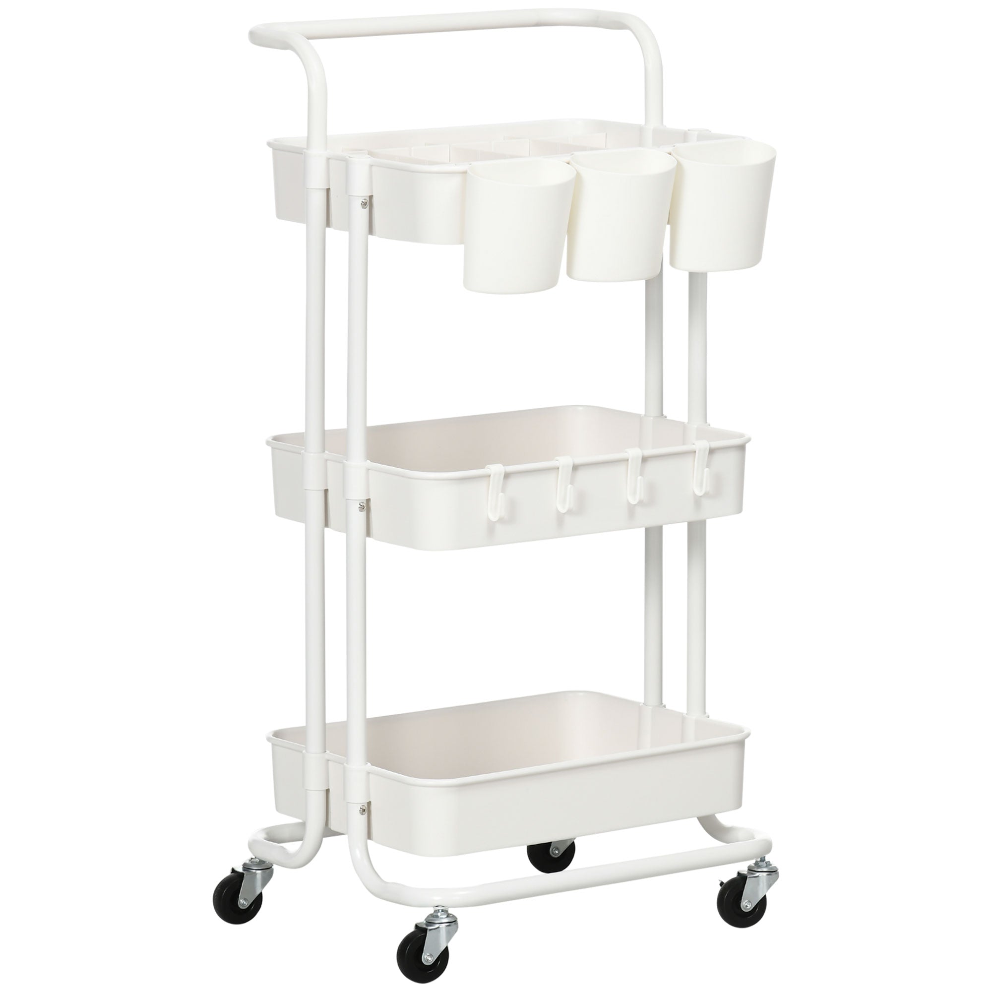HOMCOM 3-Tier Multipurpose Kitchen Cart with Removable Baskets and Hooks, Shelf with 12 Dividers, White
