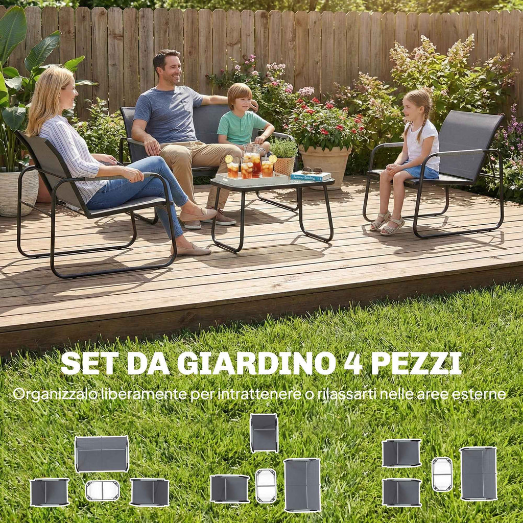 Outsunny 4-Piece Garden Set with 2-Seater Sofa, 2 Chairs and Coffee Table, Grey Metal Frame