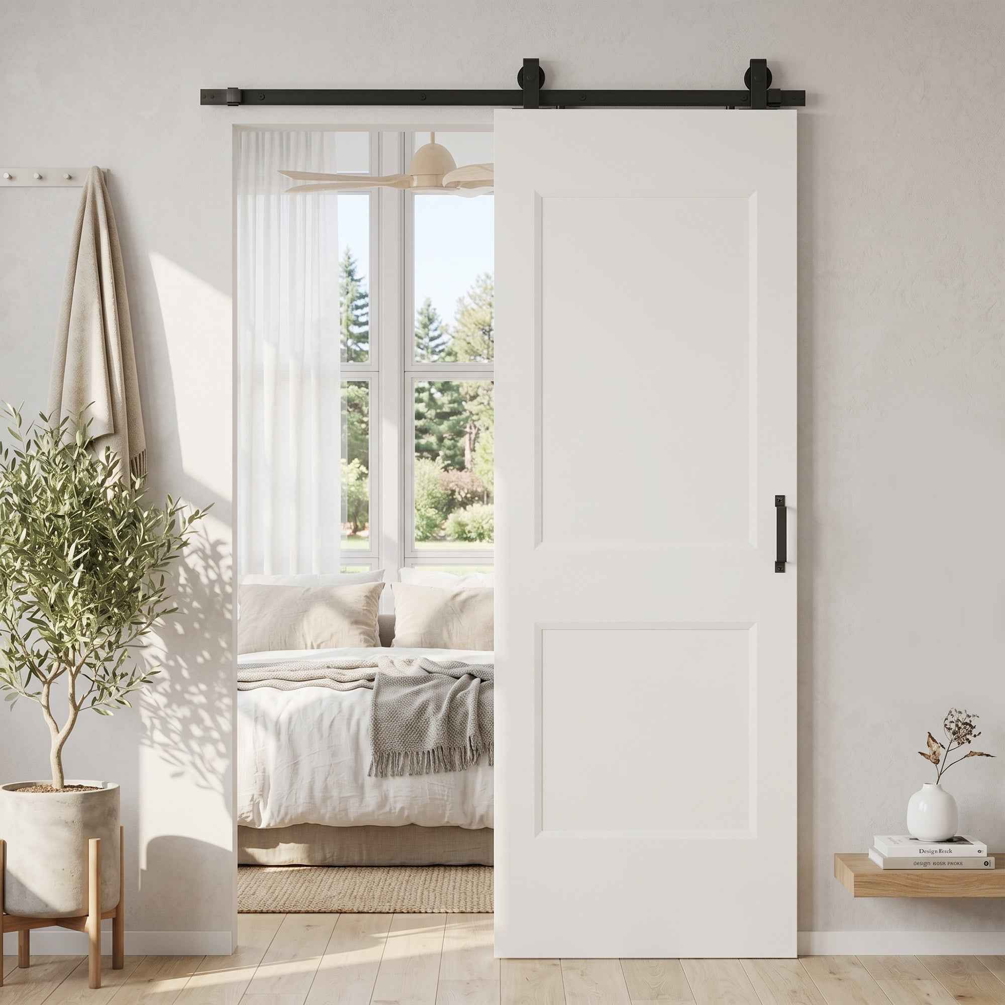 HOMCOM Sliding Door with Track, Guide and Mounting Kit, 76.2 x 3.5 x 213.4 cm, White, Pine Wood