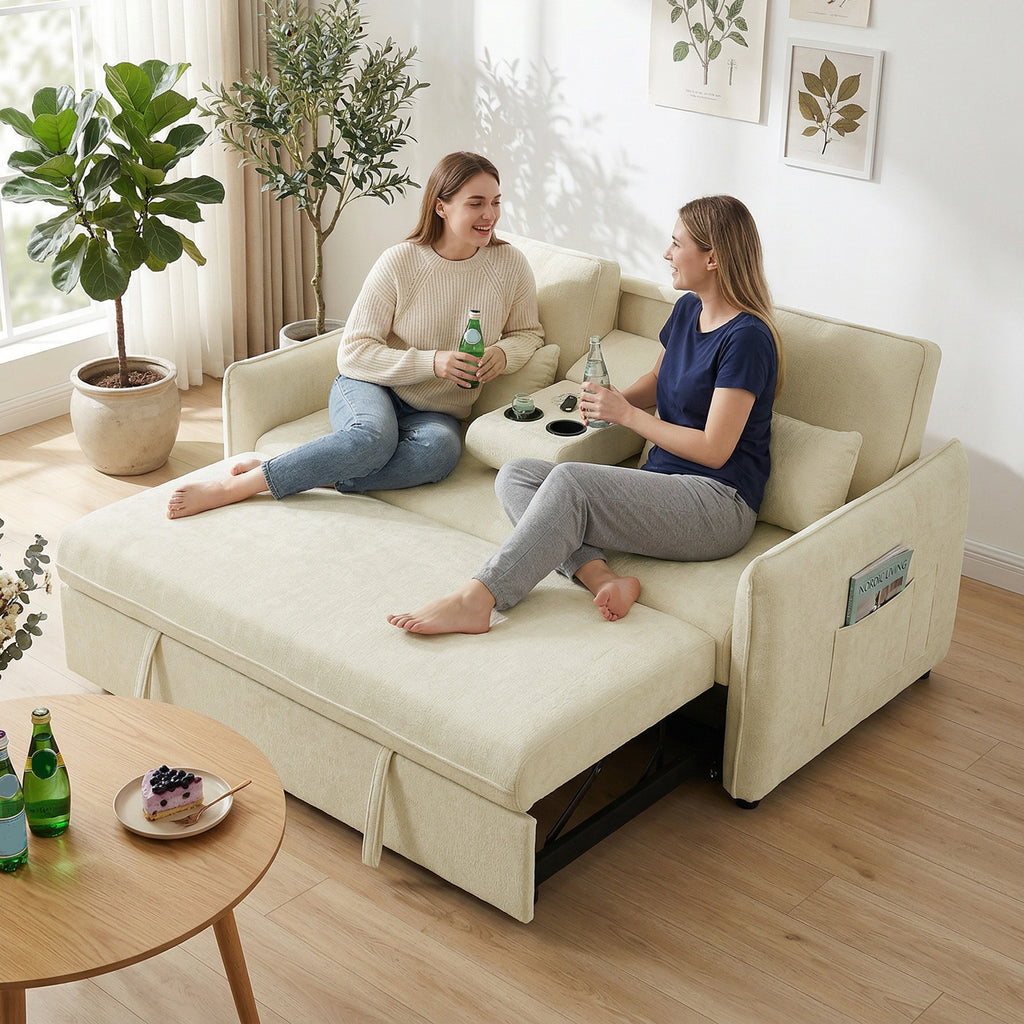 HOMCOM 3-in-1 2-Seater Sofa Bed with 3-Position Adjustable Backrest and 2 Cushions, Chenille, Beige