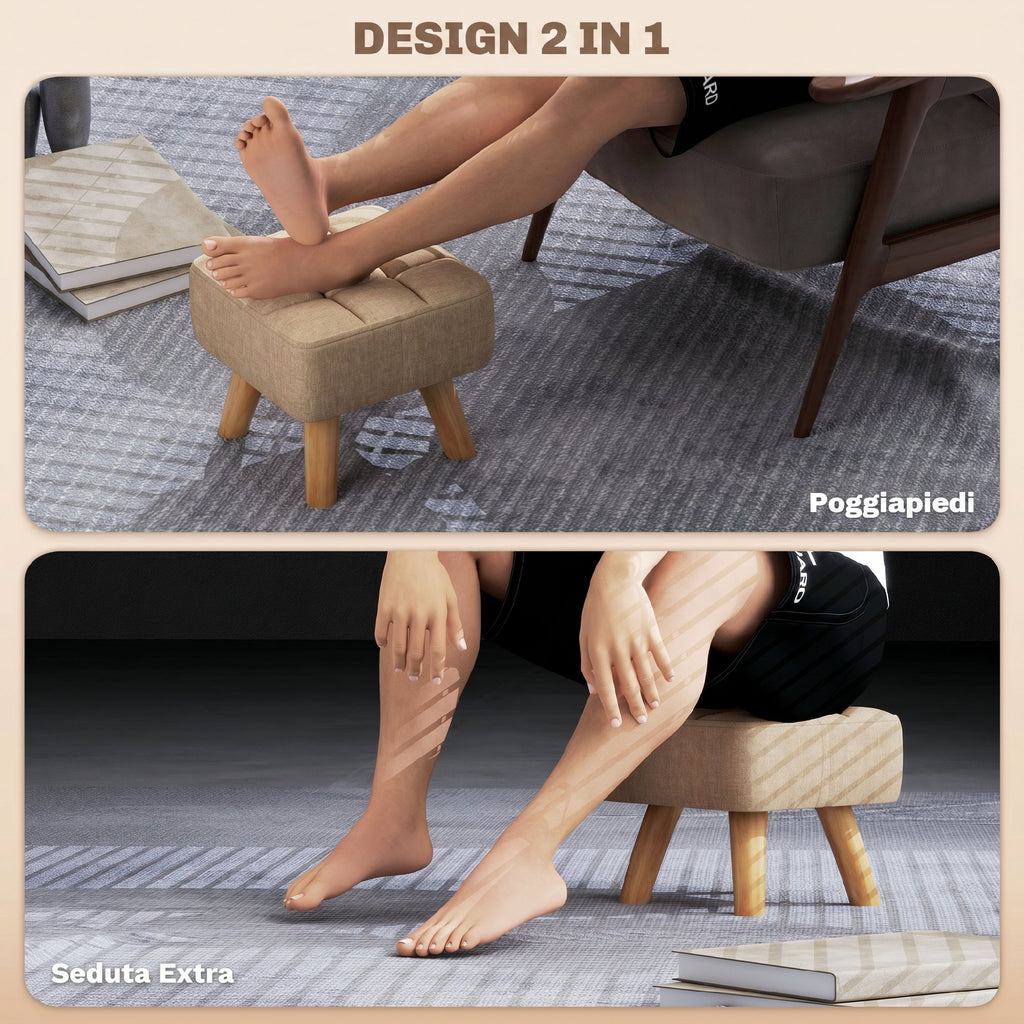 HOMCOM Linen-Effect Fabric Footstool, 27x27x26 cm, Rubber Wood Legs, Load Capacity up to 110 kg, Brown