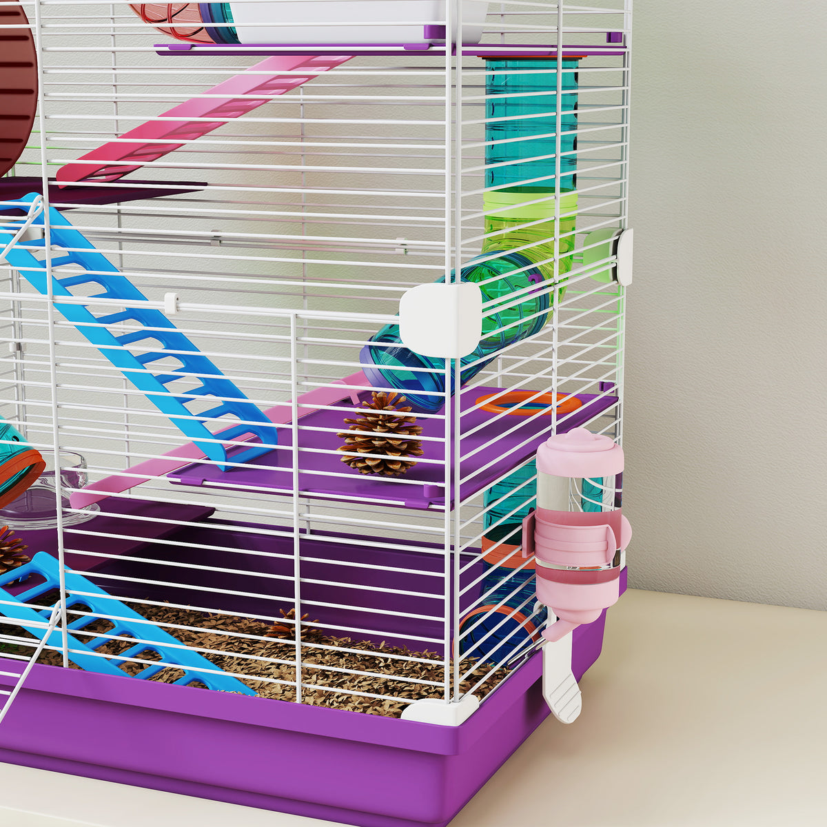 PawHut 5-Level Hamster Cage with Tubes, Wheel, Ladders, House and Bottle, 46x30x58 cm, Purple