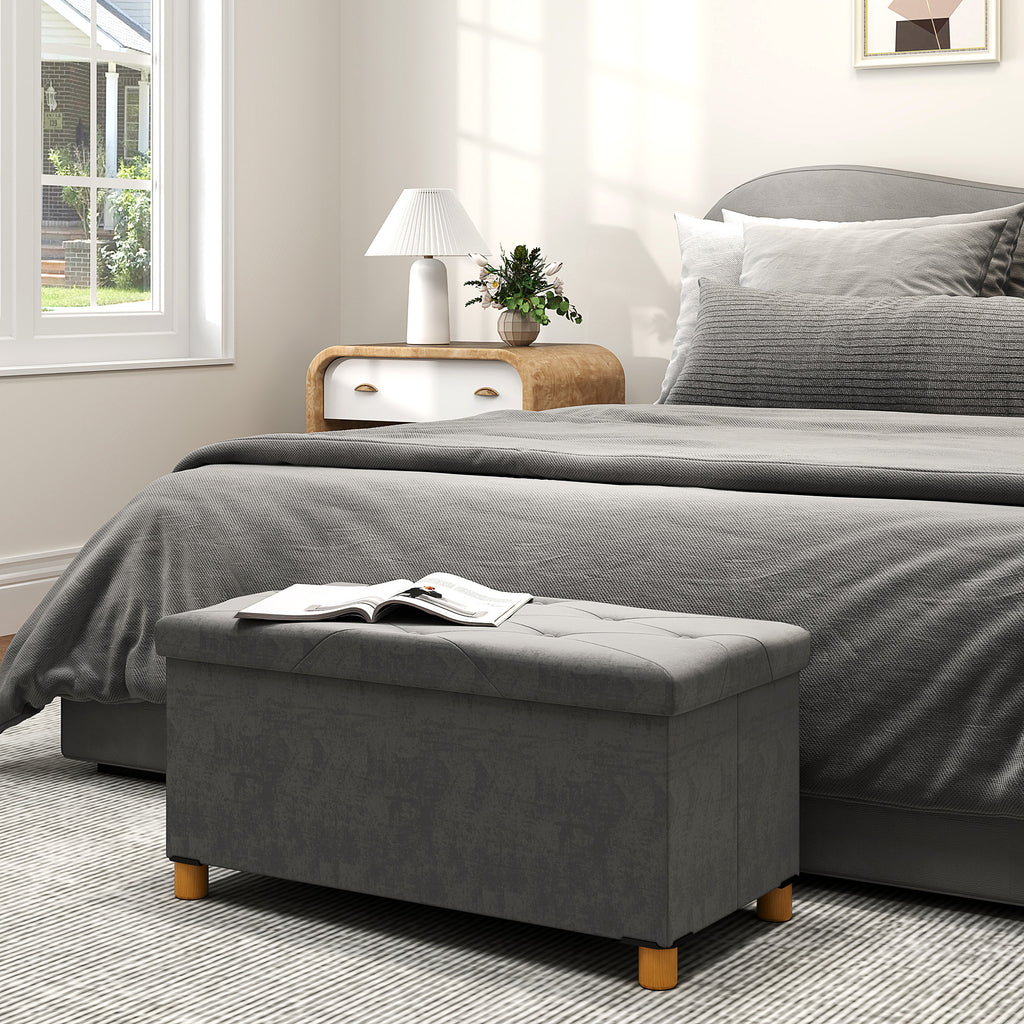 HOMCOM 67L Folding Storage Bench with Padded Lid and Velvet Lining, 76x38x38cm, Grey