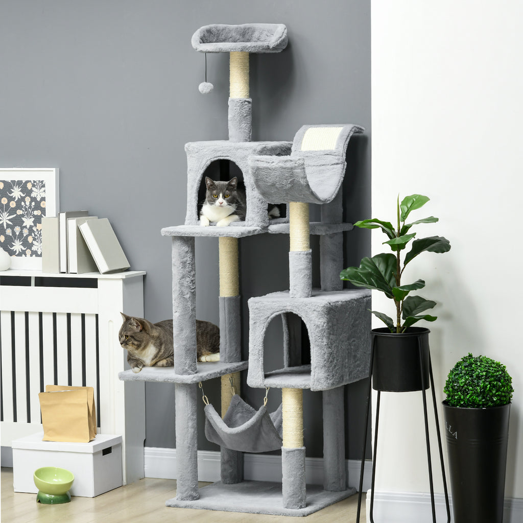 Pawhut for cats with hammocks, cot and 2 houses, in chipboard and plush, 55x49x177 cm, gray and white - Borgè