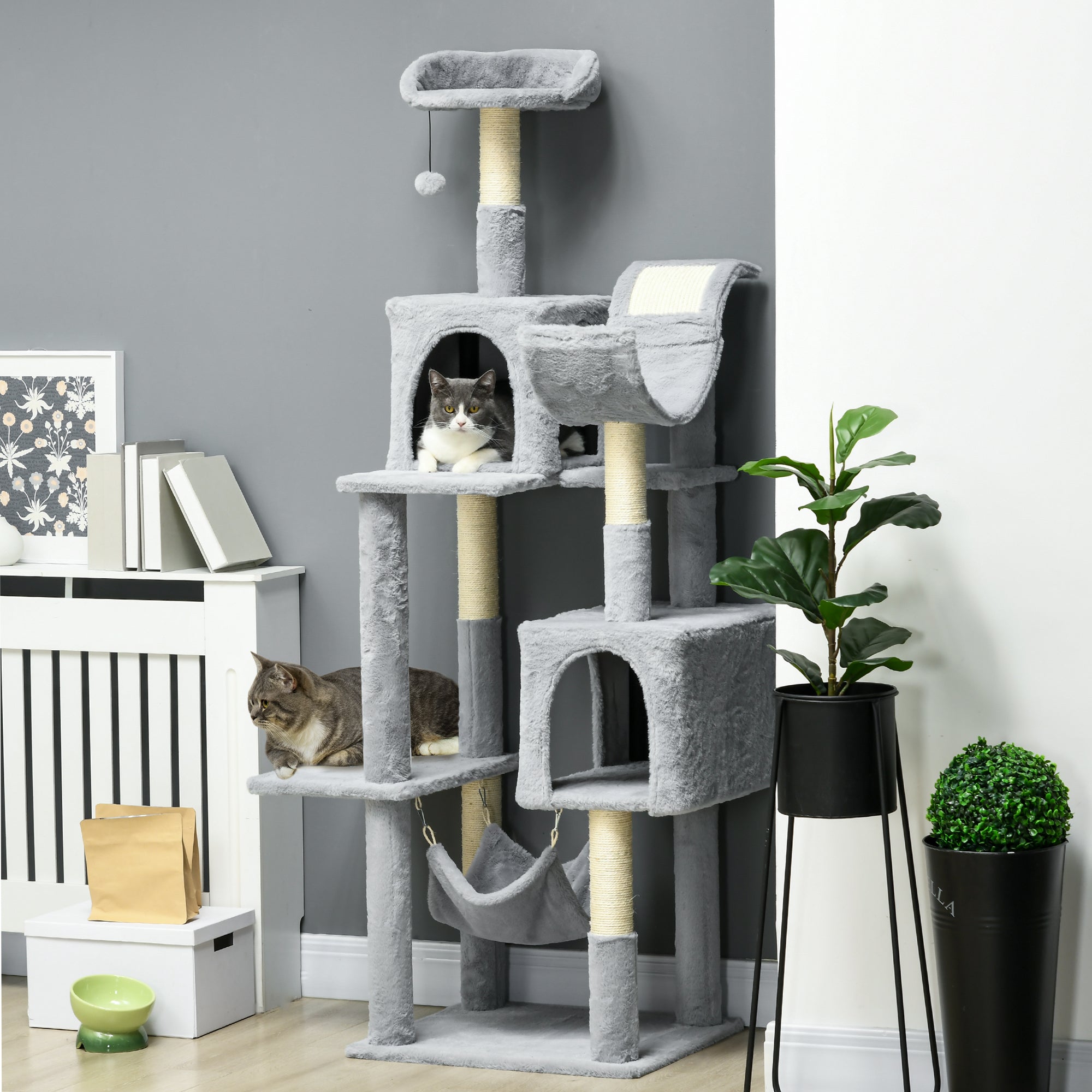 Pawhut for cats with hammocks, cot and 2 houses, in chipboard and plush, 55x49x177 cm, gray and white - Borgè