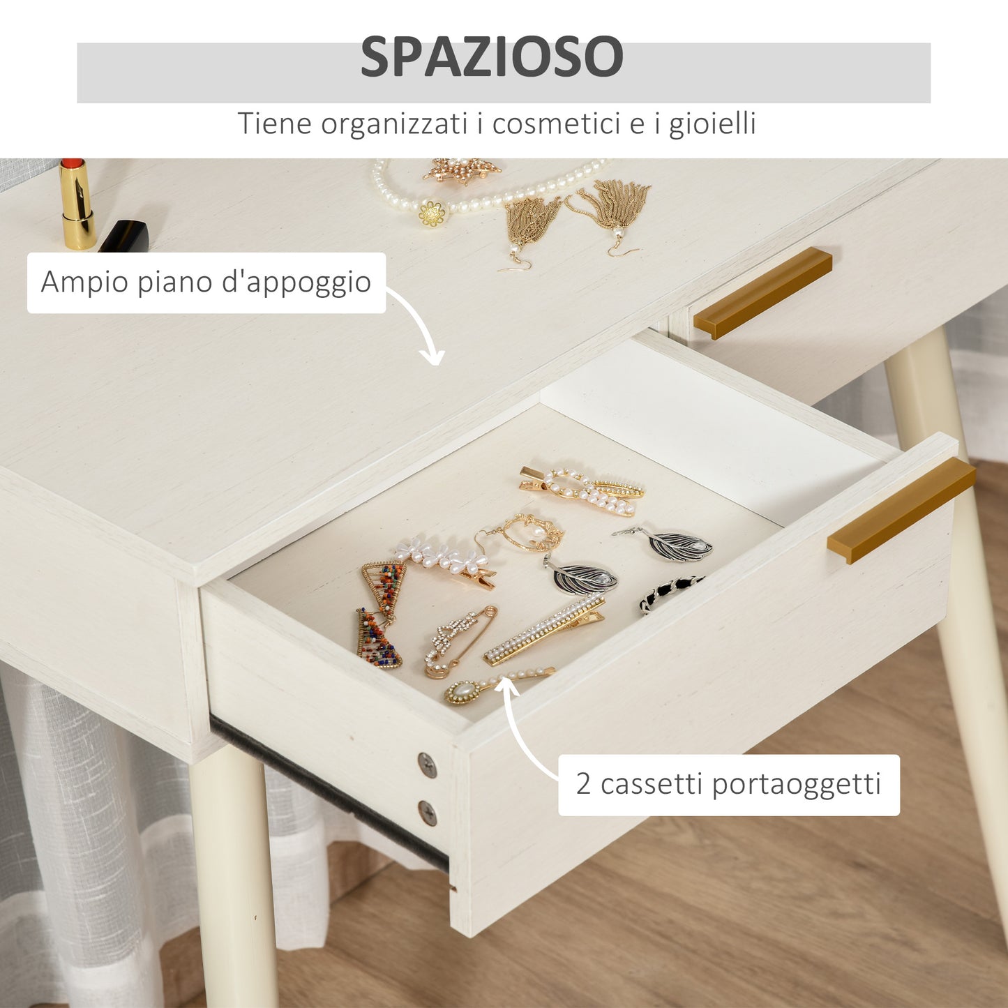 Wooden Makeup Table with Mirror and 2 Drawers for Accessories, 80x40x123 cm, White