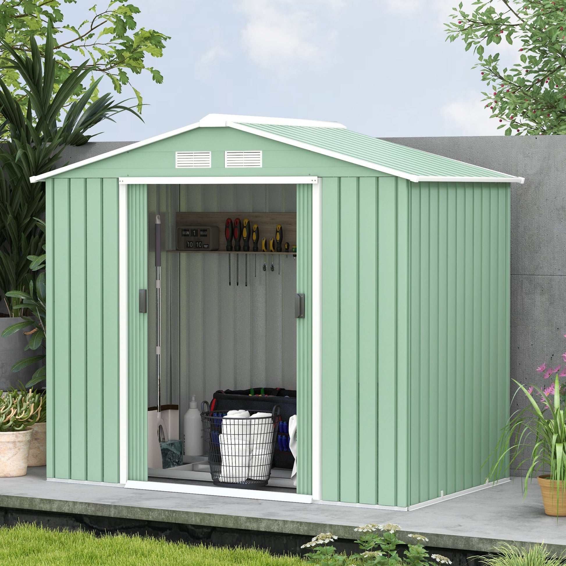 Outsunny Steel Sheet Garden Shed with Sliding Doors, 213x130x185cm, Light Green - Borgè