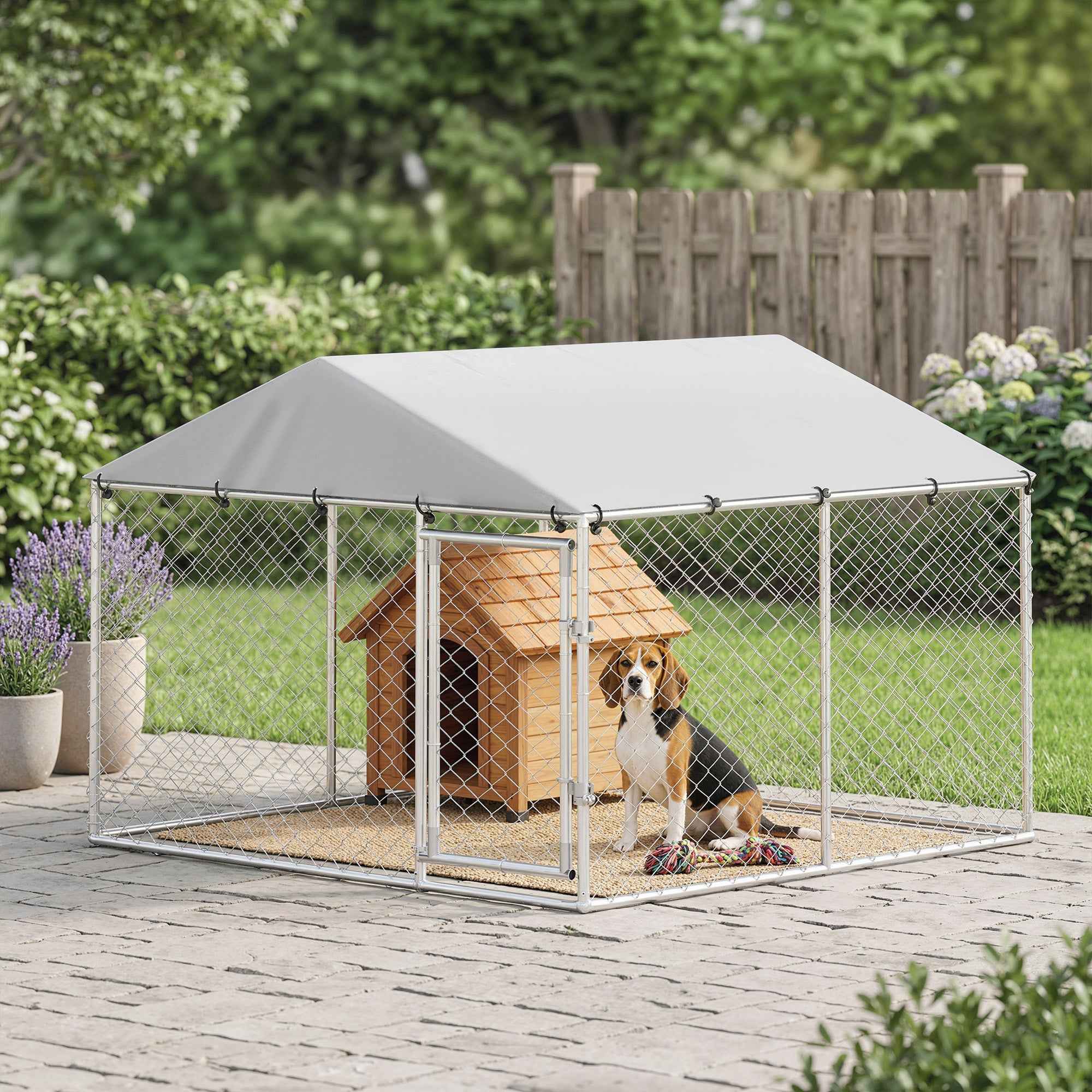 PawHut Outdoor Dog Playpen, Galvanized Steel with PE Roof, Anti-UV, Waterproof, Double Lock, Silver