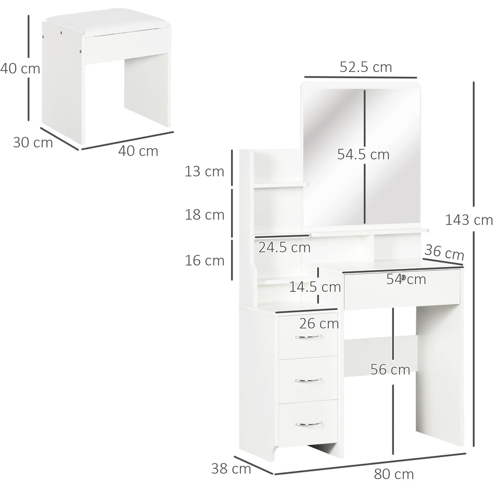 Dressing Table with Mirror, Dressing Table, Stool, 4 Drawers and 4 Shelves, White