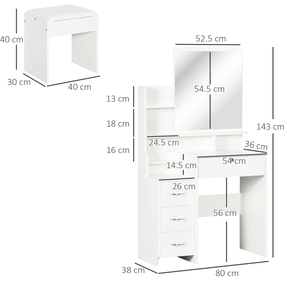 Dressing Table with Mirror, Dressing Table, Stool, 4 Drawers and 4 Shelves, White