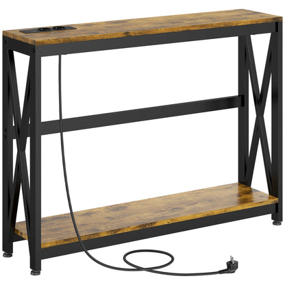 Industrial Style Hallway Console Table with Power Sockets and USB, Wood and Steel, 100x24x75cm, Brown