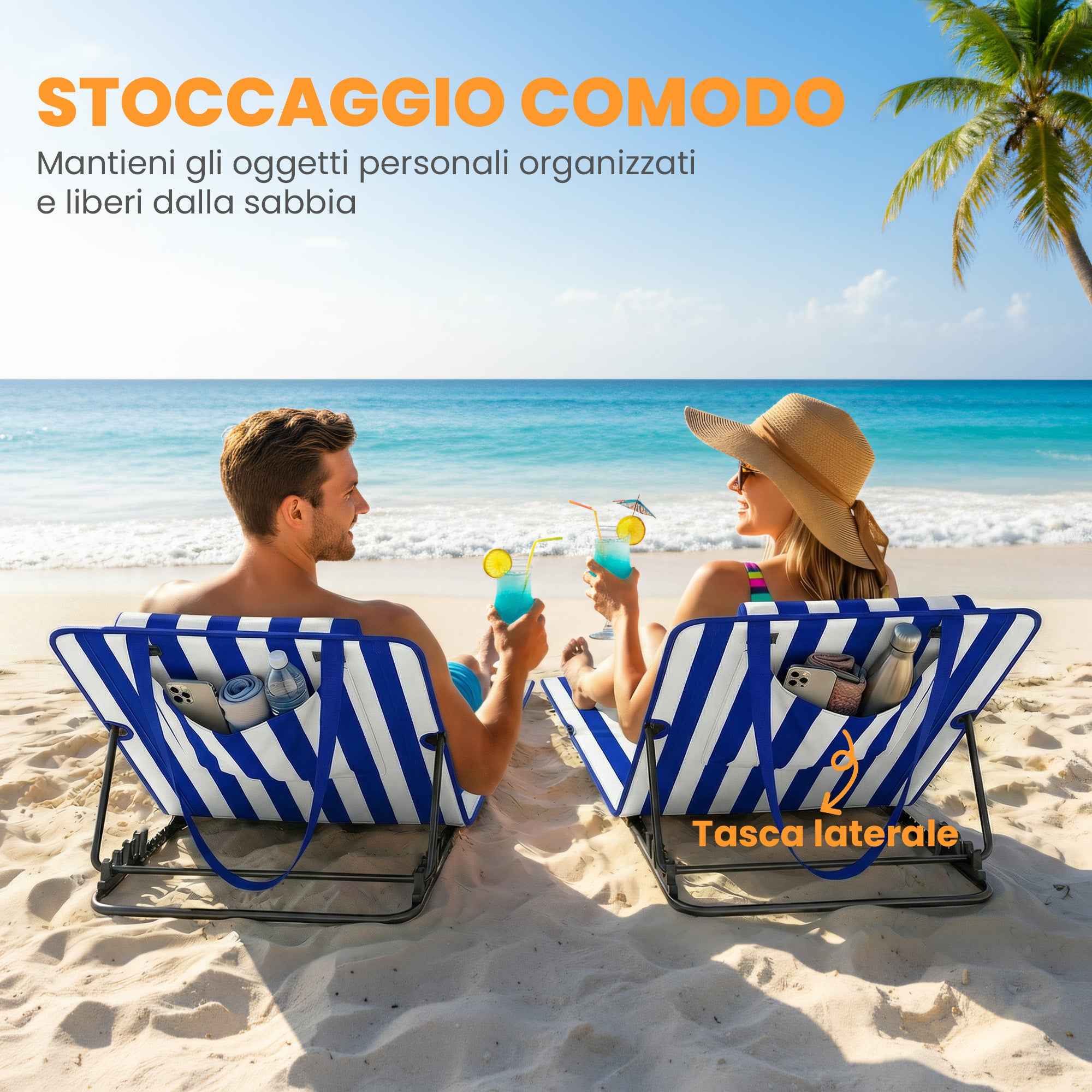 Outsunny Set of 2 Beach Mattresses with 4-Level Adjustable Backrest, in Steel and Polyester, 154x57x52 cm, Blue and White