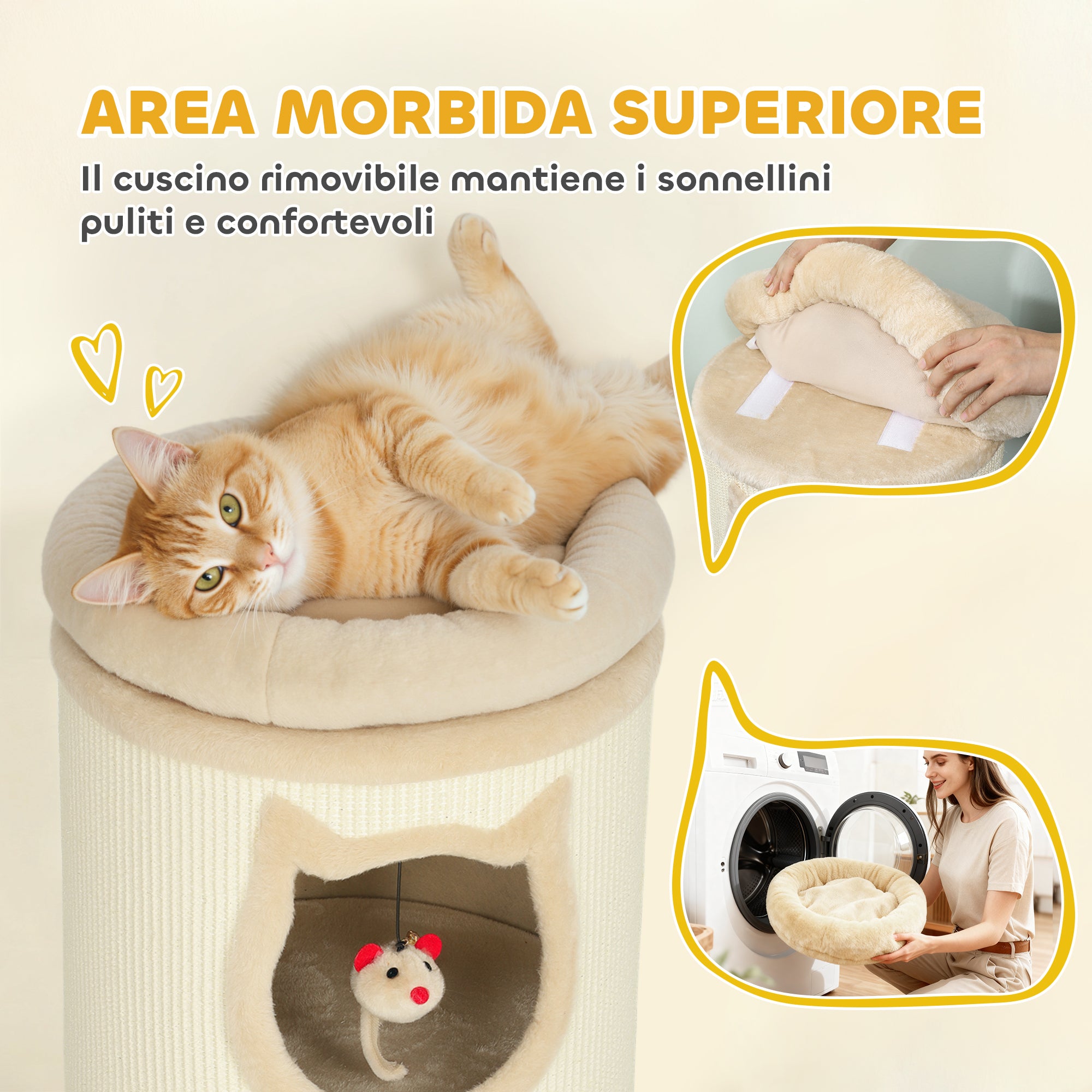 Cat Scratching Tower, 96 cm High, with 3 Cat Houses and a Removable and Washable Upper Bed, Cream