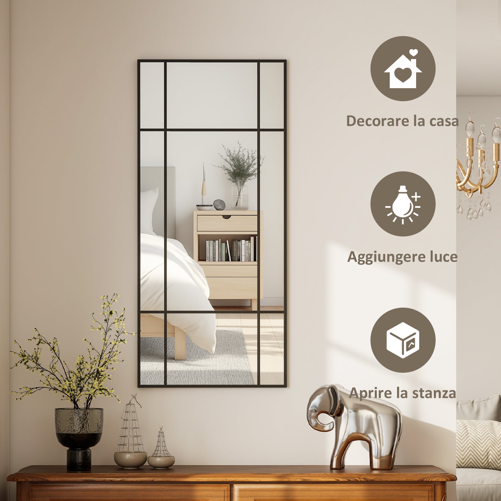 Window Style Wall Mirror with Vertical and Horizontal Mounting, 110x50cm, Black