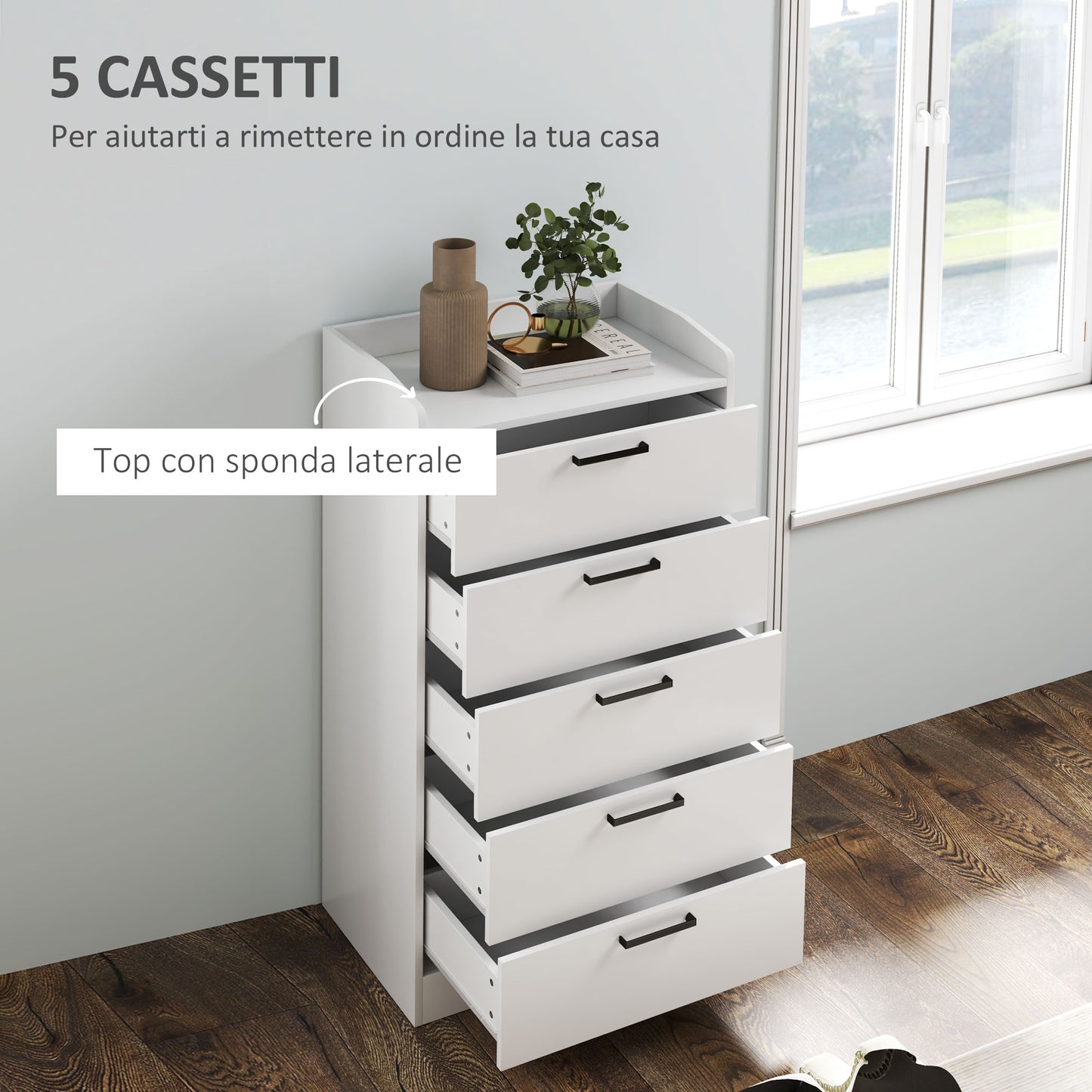 Wooden 5-Drawer Chest of Drawers with Steel Handles, 60x40x114 cm, White