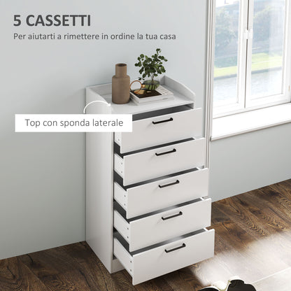 Wooden 5-Drawer Chest of Drawers with Steel Handles, 60x40x114 cm, White