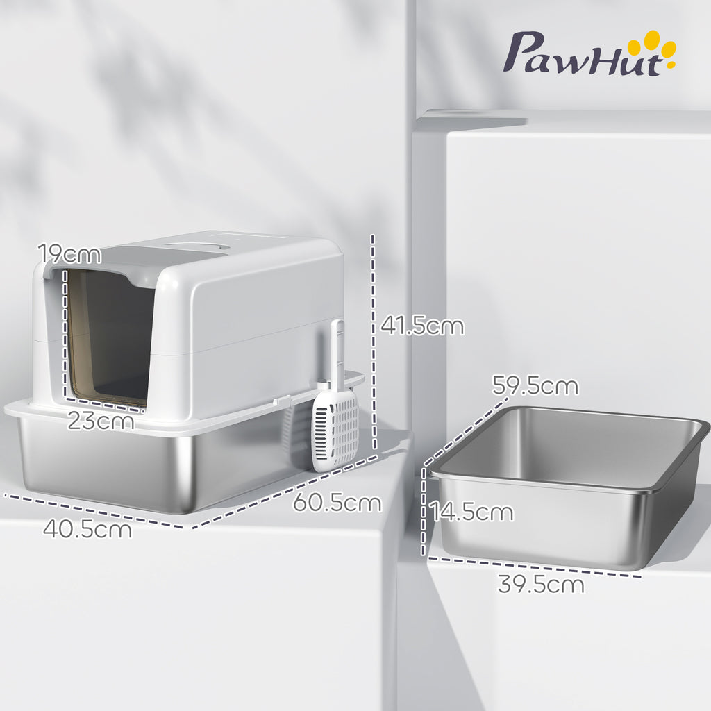 Enclosed Cat Litter Box with Steel Tray, Scoop and Filter Bags, PP, 40.5x60.5x41.5 cm, White and Silver