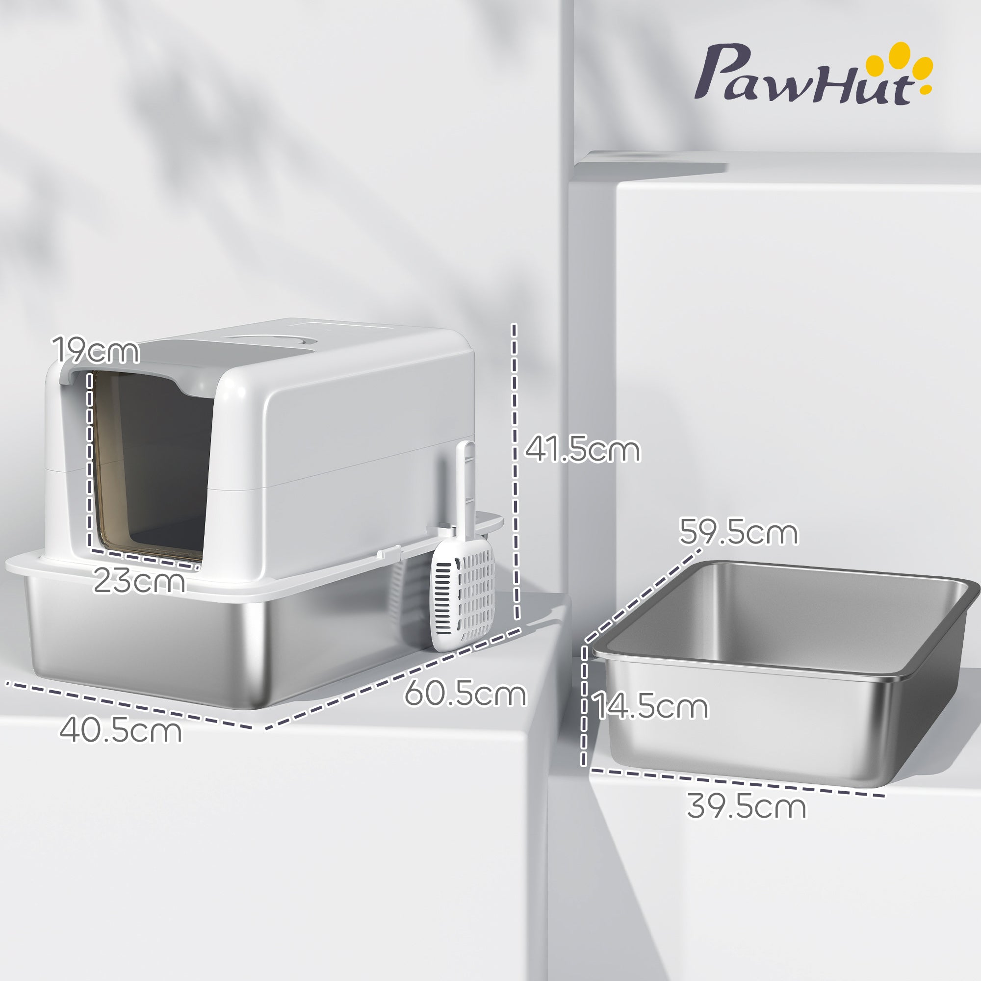 Enclosed Cat Litter Box with Steel Tray, Scoop and Filter Bags, PP, 40.5x60.5x41.5 cm, White and Silver