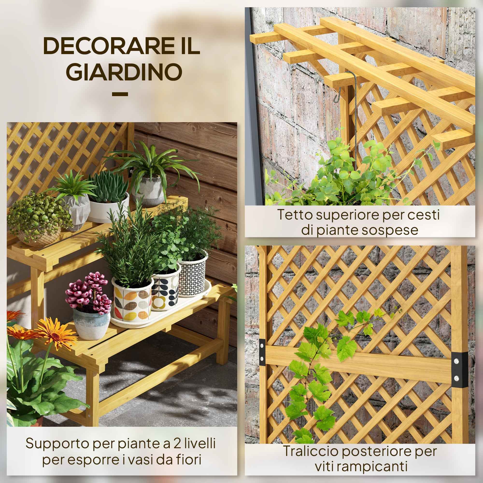 Outsunny Planter with Trellis for Climbing Plants, 2 Shelves and Top Bar, in Fir Wood, 75x50x166 cm, Yellow
