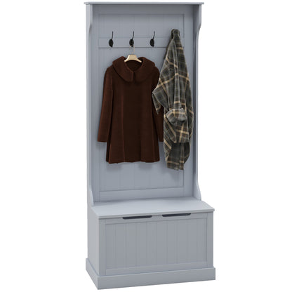 Coat Rack 3 in 1 with 4 Hooks and Storage Bench, Wooden, 71.5x39. 5x170 cm, Grey