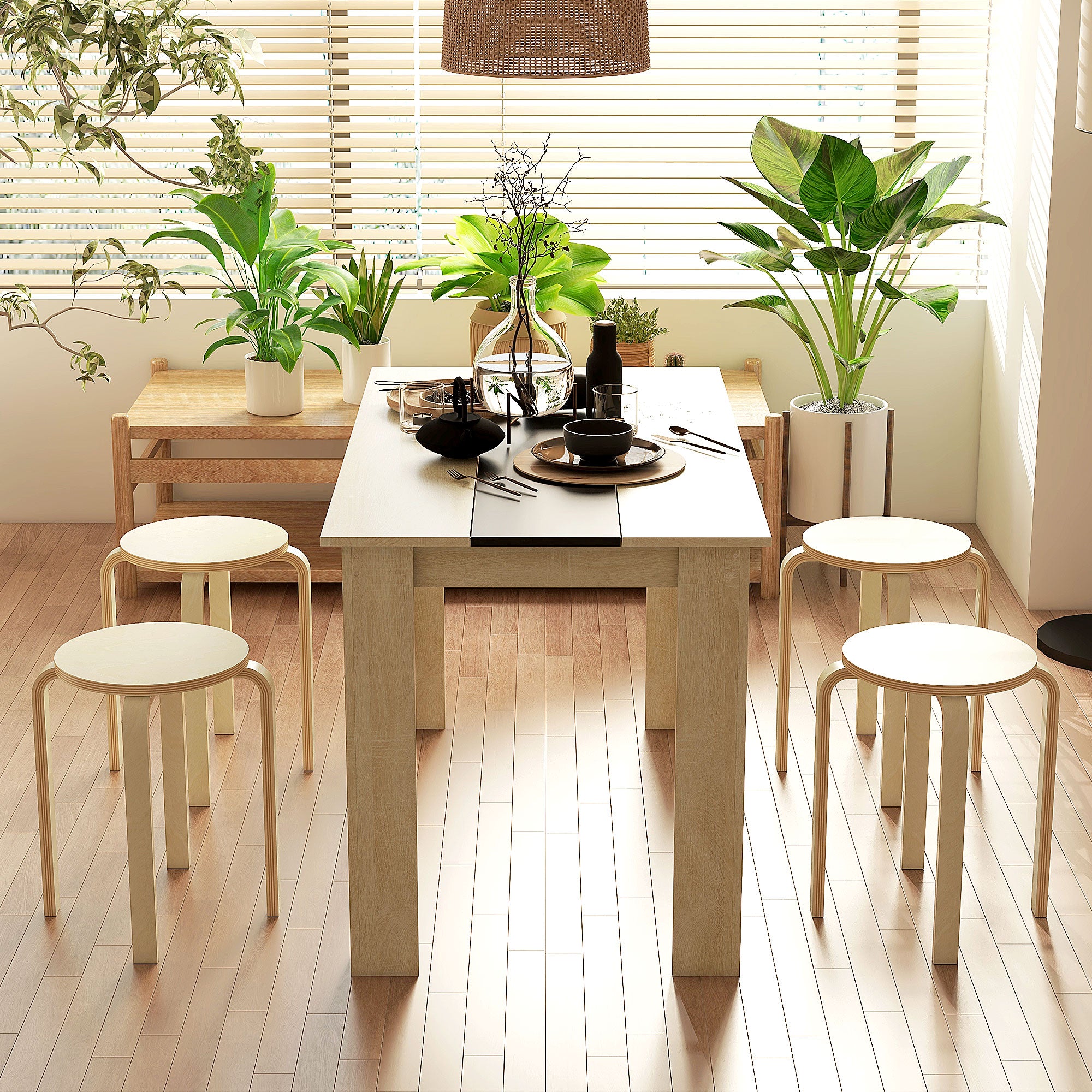 Set of 4 Round Modern Stackable Kitchen and Bar Stools in Wood, Ø40x54cm, Wood Color