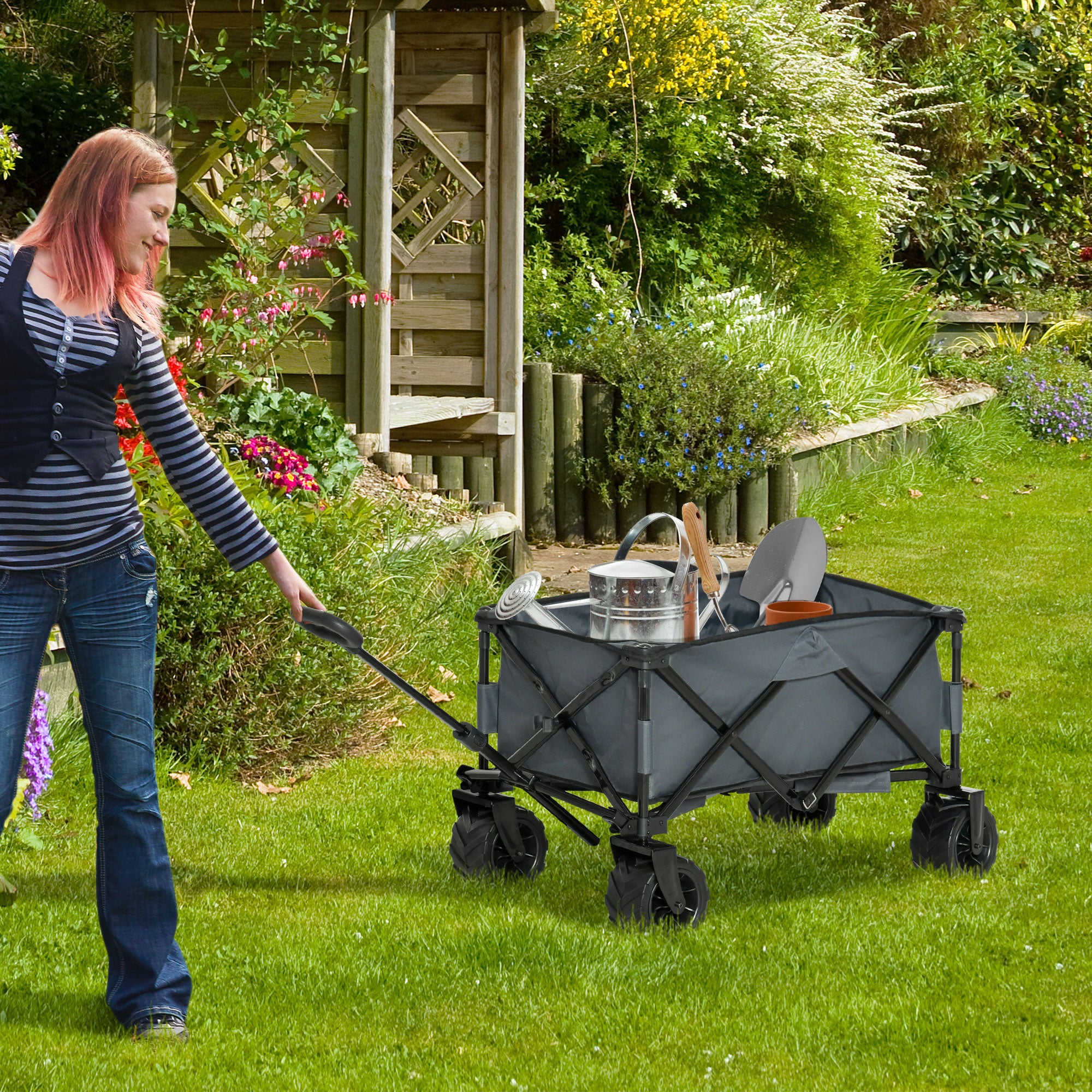 Outsunny Garden Trolley max load 70kg with Telescopic Handle, in Metal and Oxford Fabric, 108x55 cm, Gray - Borgè