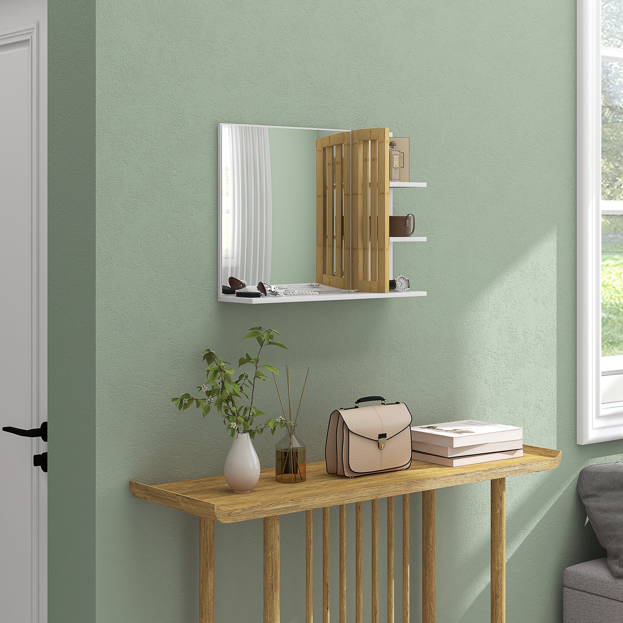 Modern 4-Tier Wall-Mounted Wooden Bathroom Mirror, 45x15x58.5cm, White