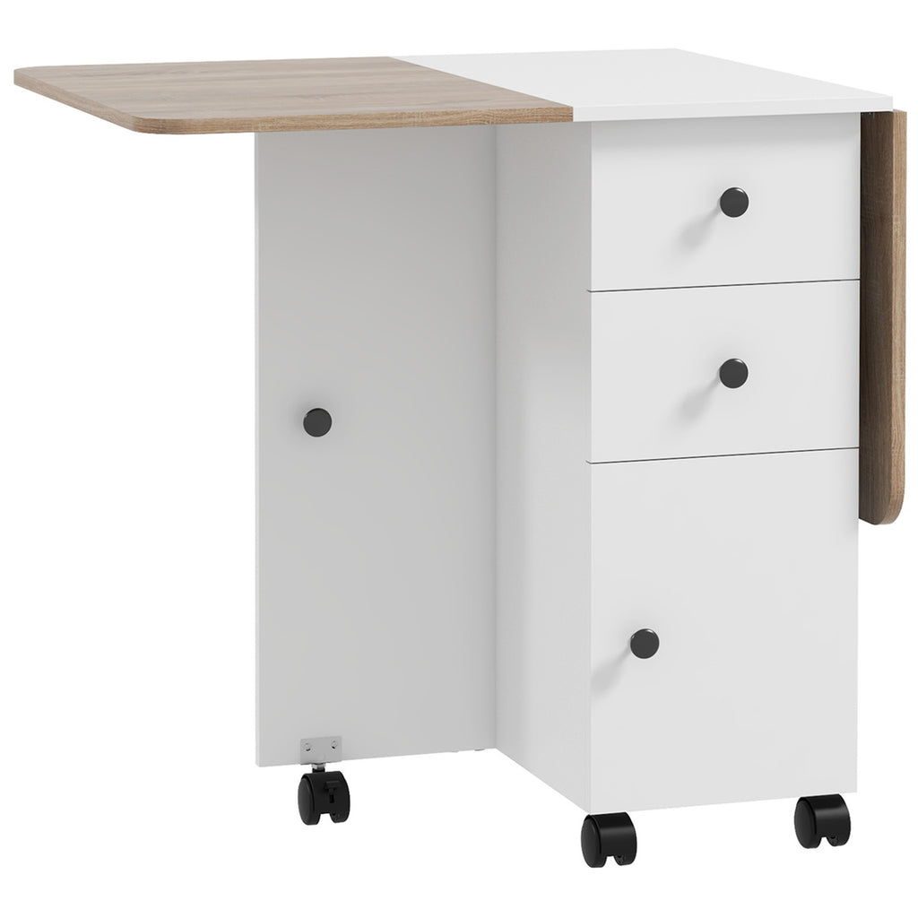 Folding Table with 2 Drawers and Cabinet, 6 Wheels and Brakes, 120x60x76.5 cm, White and Oak