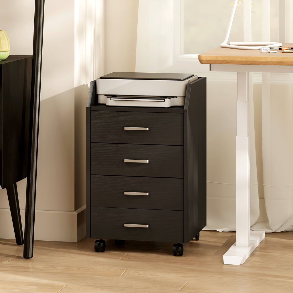 Small Chest of Drawers with 4 Drawers, Vertical Cabinet on Wheels, 40 x 36 x 65 cm, Black Wood Effect