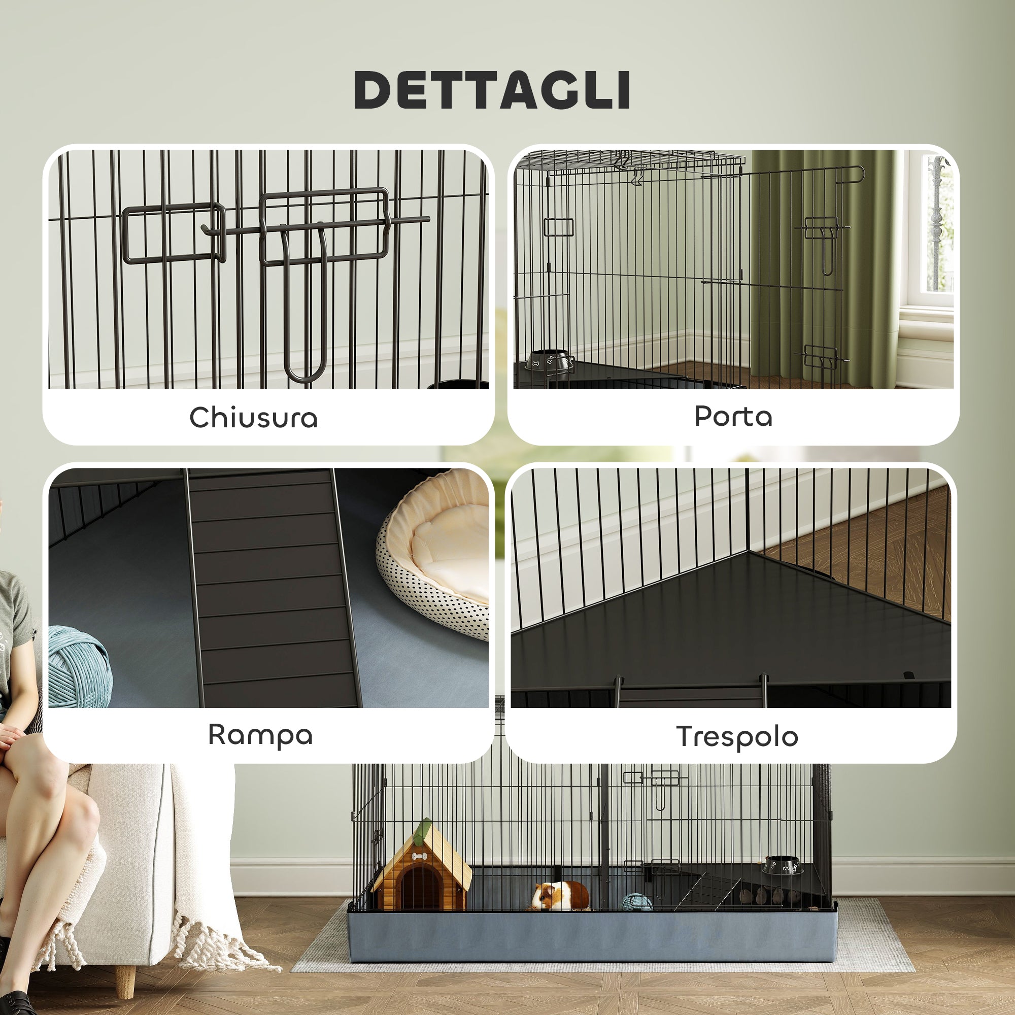 2 in 1 Small Animal Cage, Removable Lid and Separate Sections, 121x61x61 cm, Black
