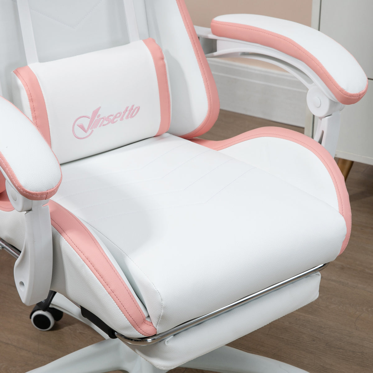 Vinsetto Gaming Chair with Adjustable Height and Reclining Backrest, 65x65x121-129 cm, White and Pink