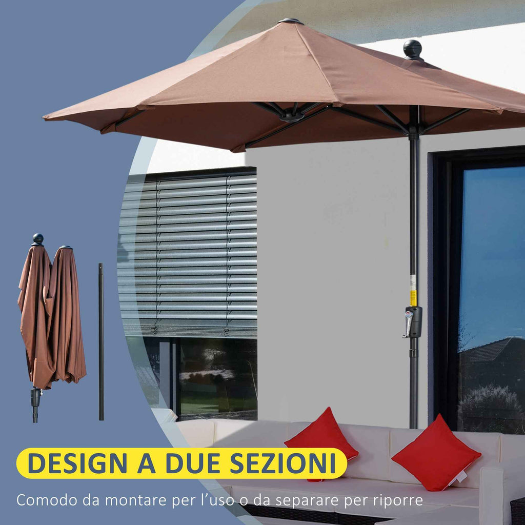 Outsunny Double Crescent Umbrella 2x2 m with Crank Opening and Cross Support, in Steel and Polyester, Coffee