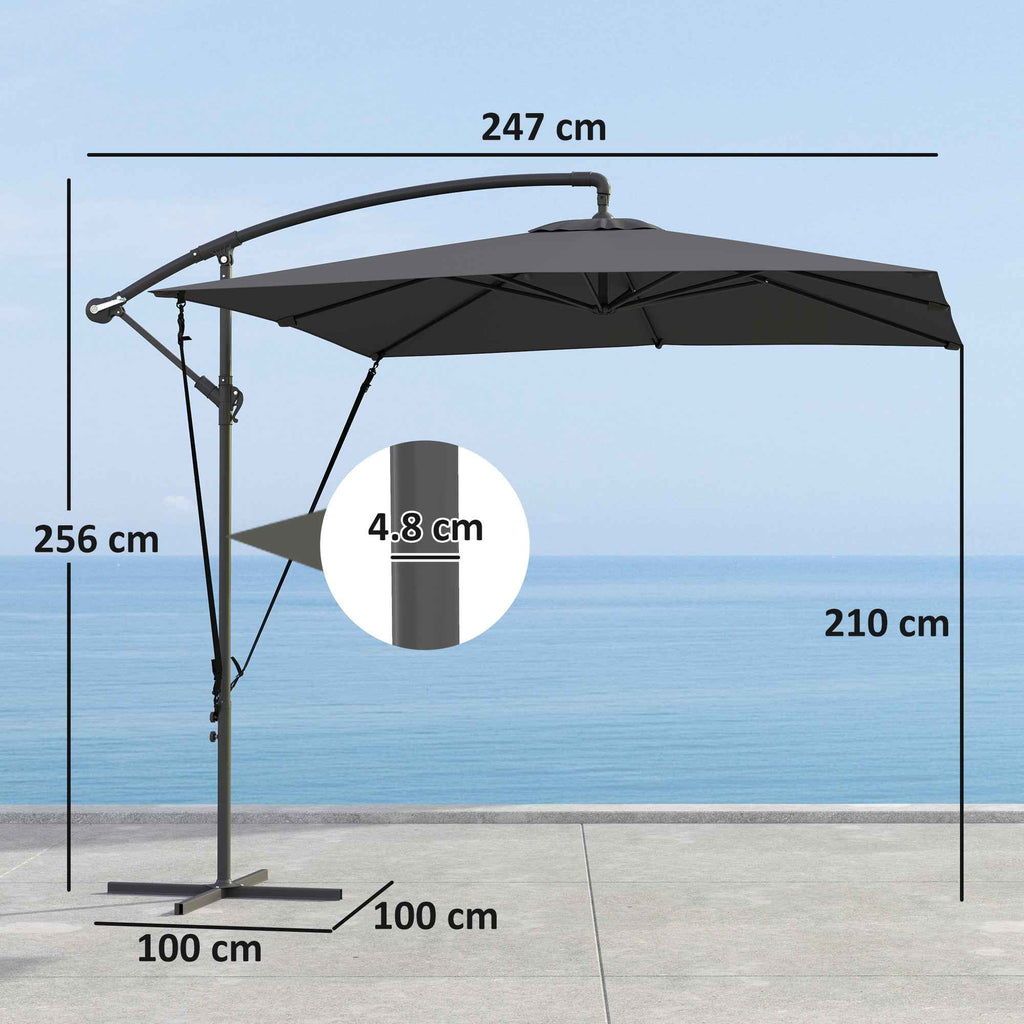 Outsunny Adjustable Cantilever Umbrella with Cross Base and Crank Handle, in Steel and Polyester, 247x247x256, Dark Grey