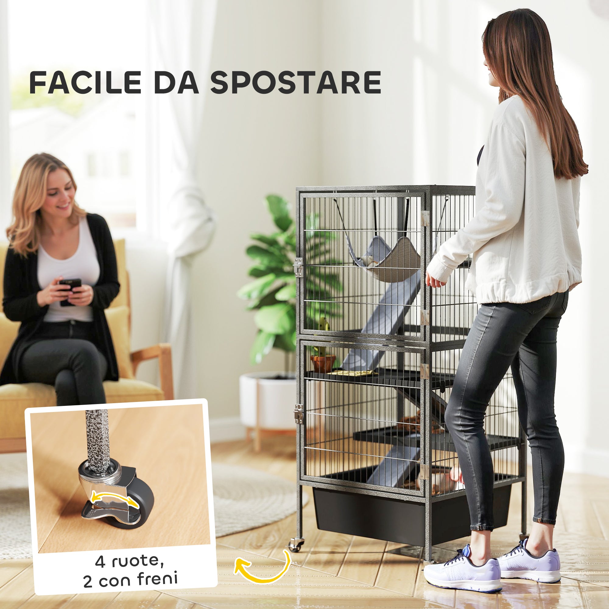 4 Level Small Animal Cage with Ramps, Platforms, Hammock and Wheels, 52x52x115 cm, Grey