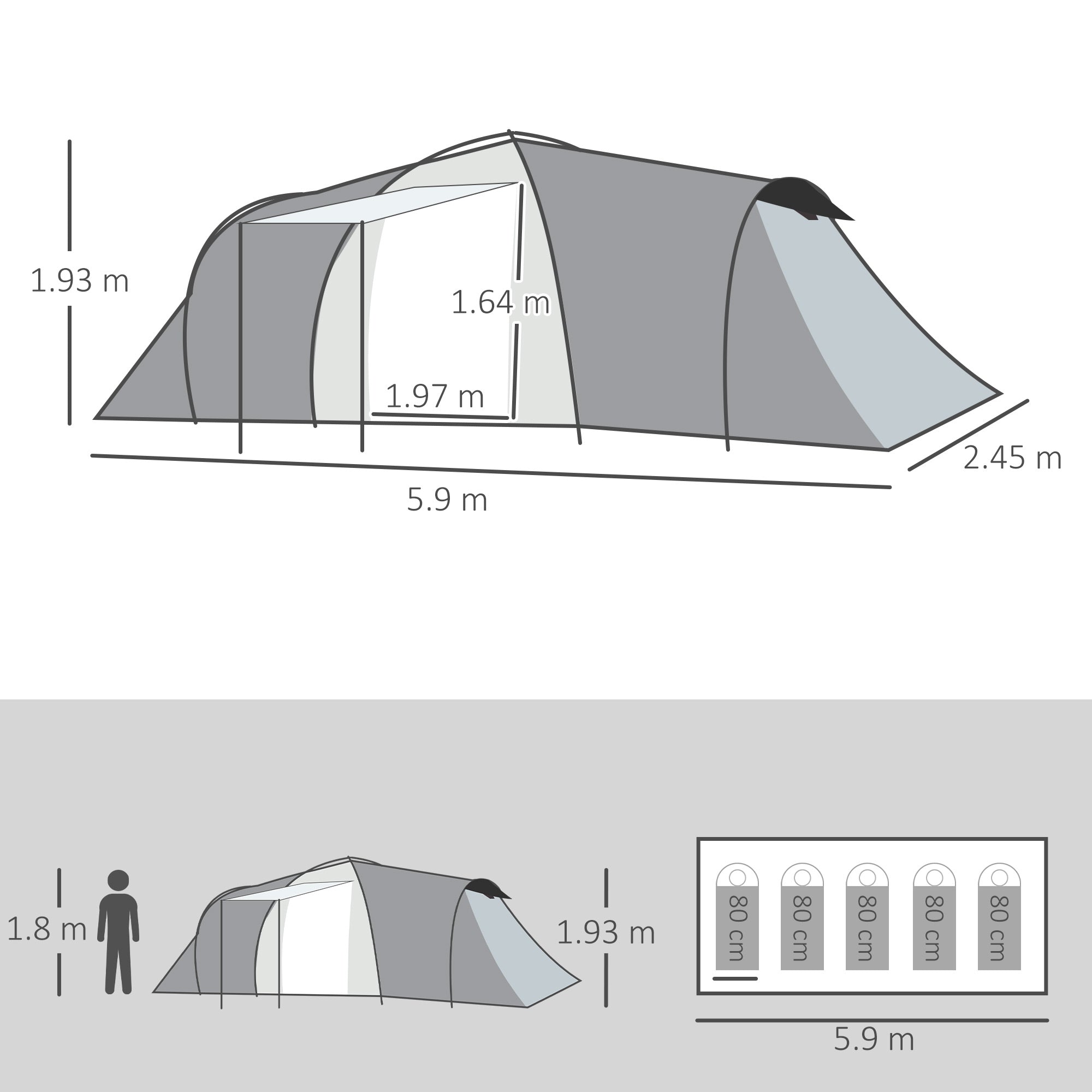 Outsunny camping tent 4-6 people with 2 rooms waterproof with canopy, 590x245x193cm, gray - Borgè