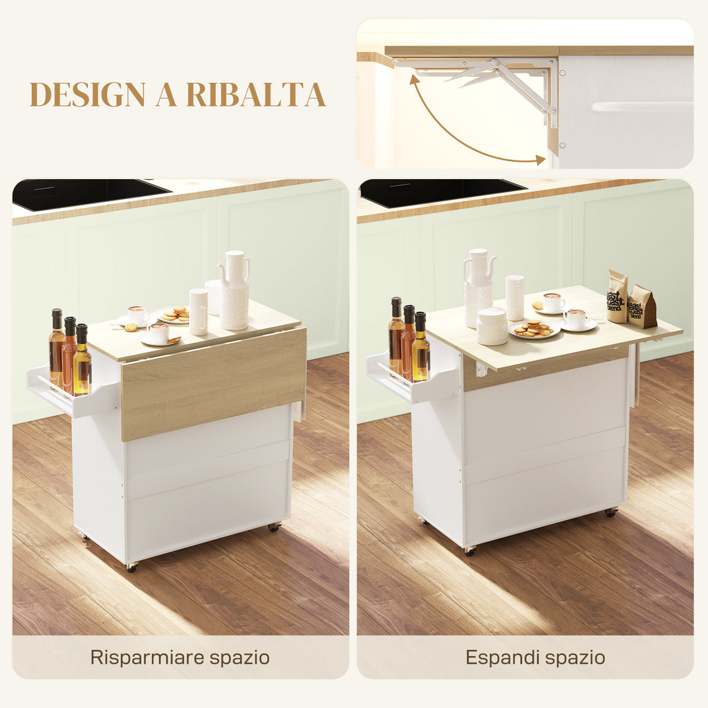 Kitchen Island with Drawer, Cabinet, Spice Rack and Towel Holder, 106x42x87 cm, White and Oak