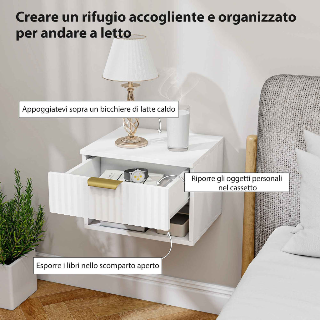 HOMCOM Set of 2 Floating Nightstands with Grooved Panels, Drawer and Shelf, 40x34x29 cm, White