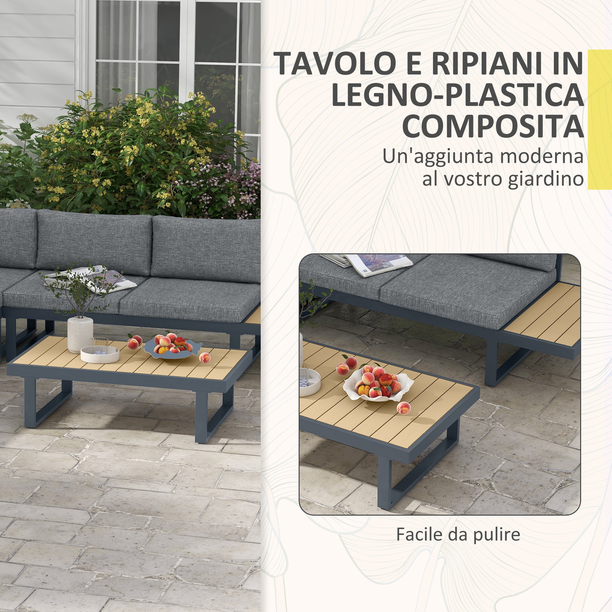 4-piece garden set in aluminum with 2 sofas, corner armchair and coffee table, gray and teak - Borgè