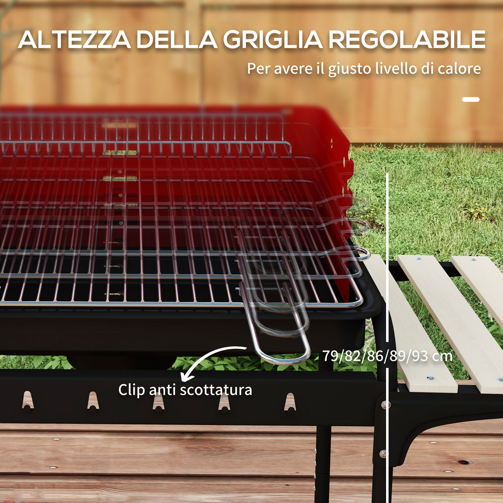 Charcoal Barbecue with Adjustable Grill and 3 Wooden Metal Shelves, 103x47x95 cm, Red