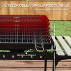 Charcoal Barbecue with Adjustable Grill and 3 Wooden Metal Shelves, 103x47x95 cm, Red