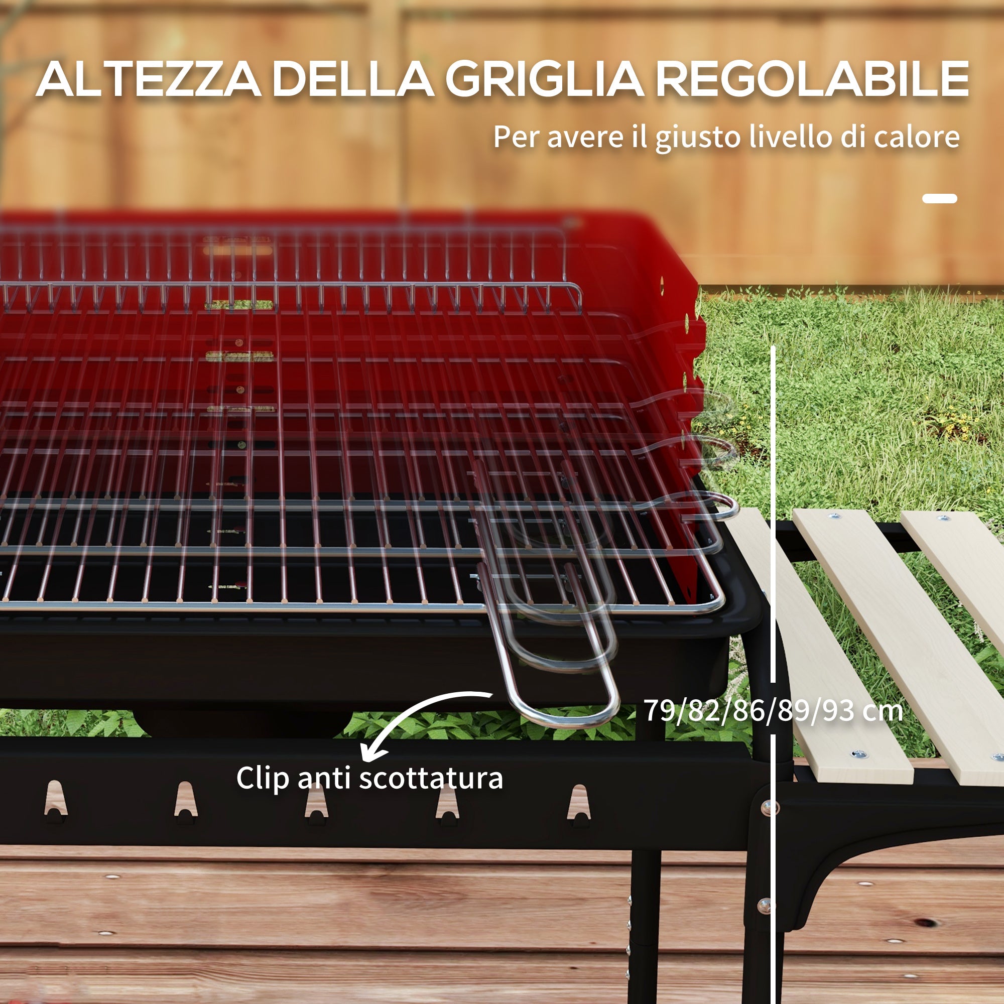 Charcoal Barbecue with Adjustable Grill and 3 Wooden Metal Shelves, 103x47x95 cm, Red