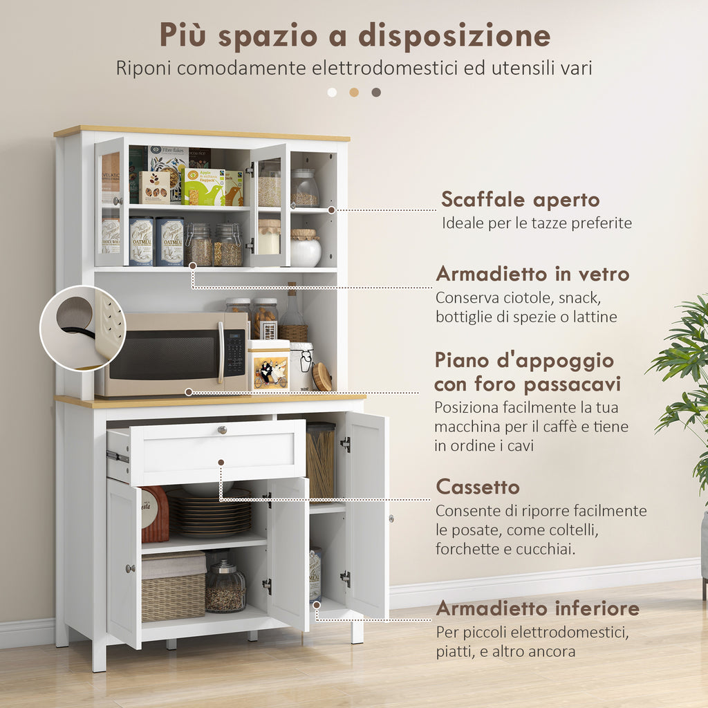 Kitchen Pantry with Drawers, Open Shelves and Adjustable Wooden Shelves, 100x40x180 cm, White